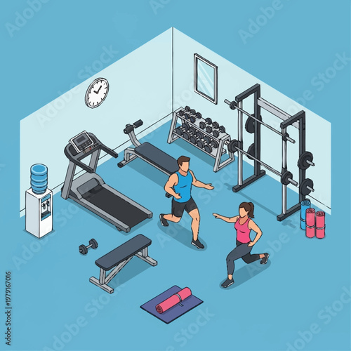 People exercising in a gym interior.