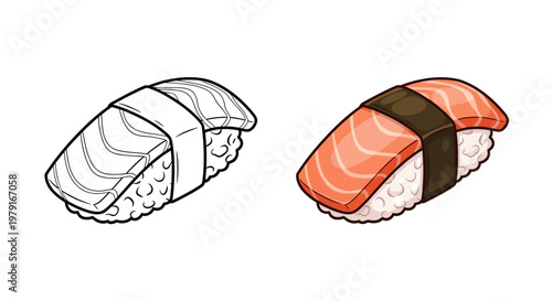 Salmon Nigiri Sushi - Black and White Outline vs. Colorful Realistic Illustration