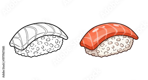 Salmon Nigiri Sushi - Color and Outline Comparison