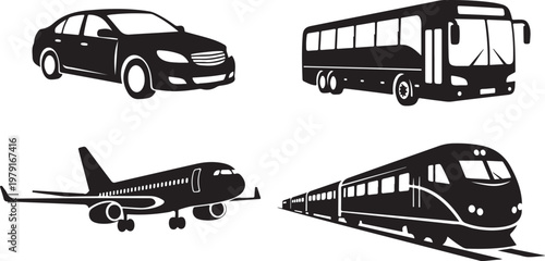 Transportation modes including car, bus, airplane, and train icons