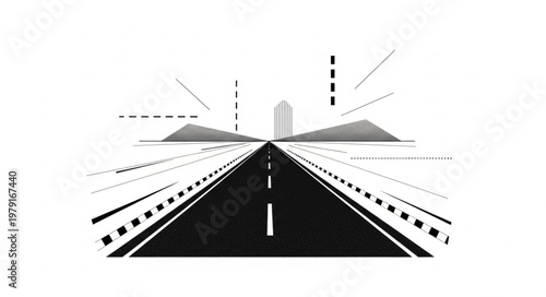 Abstract Road Leading to Distant Bridge and Mountains.