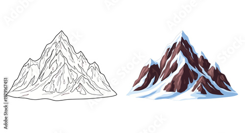 Snowy Mountain Peak Illustration - Line Art and Full Color Comparison