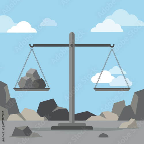 Imbalance Scale With Heavy Stones Against Empty Side In Rocky Landscape