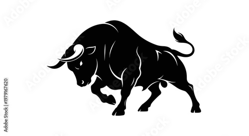 Powerful Black Bull Silhouette Charging Forward with Determination and Strength
