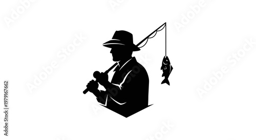 Silhouette of a Fisherman with Hat Holding Fishing Rod and Caught Fish