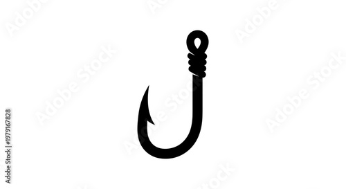 Simple Black Fishing Hook Icon on White Background