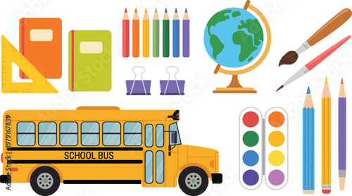 Vector illustration of colorful school supplies including bus, notebooks, pencils, ruler, globe, and paint palette