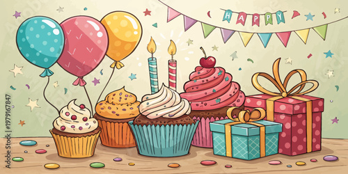 A colorful illustration of cupcakes, balloons, and gifts celebrating a birthday party