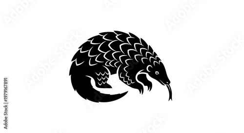 Stylized Black Pangolin Silhouette on White Background, Unique Animal Illustration