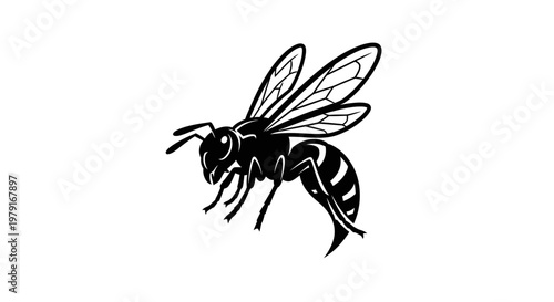 Stylized Black Wasp Icon, Insect Vector Illustration, Flying Stinger Bug