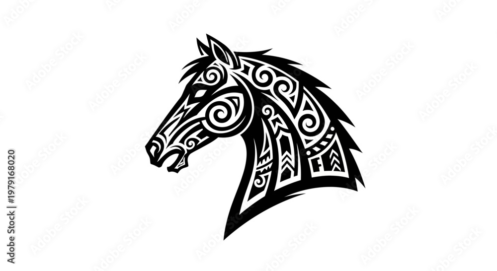 Obraz premium Tribal Horse Head Silhouette, Majestic Equine Warrior Art, Black and White