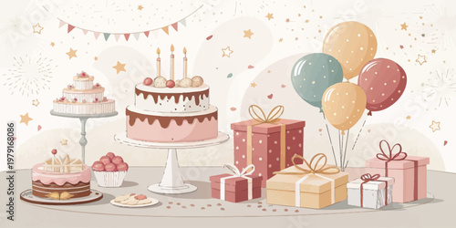 A colorful illustration of a birthday celebration with cakes and gifts
