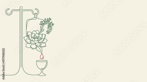 Minimalist line art illustration of an IV stand with a plant-filled bag dripping into a cup, symbolizing natural healing.