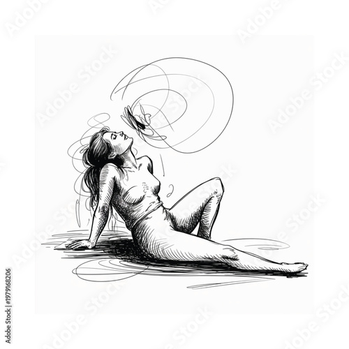 A woman reclines as a butterfly emerges from swirling lines above her