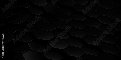 Seamless 3d geometric pattern featuring a futuristic black and white hexagon tile texture with abstract square blocks for a modern technology wallpaper backdrop