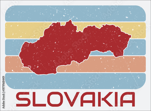 Slovakia vintage logo. Shape of the country on retro colored stripes background. Slovakia map design with grunge scratch texture. Vector illustration.