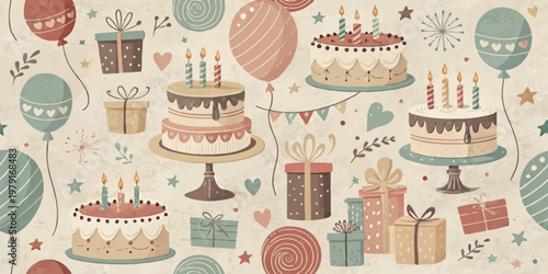A colorful vector illustration of birthday cakes and gifts in a festive party setting