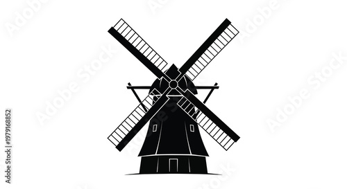 Classic dutch windmill stands prominently against a white background silhouette