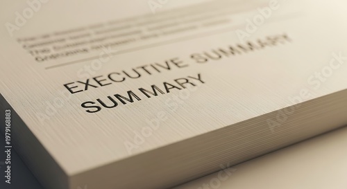 Executive summary document on a desk for business planning and strategy development purposes