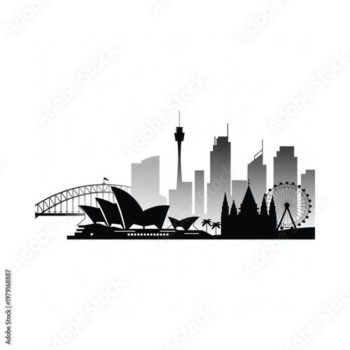 Silhouette of iconic sydney landmarks including the opera house and harbour bridge
