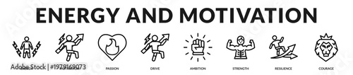 A high-energy banner emphasizing motivation, action, and personal drive in Lineal Icon Style