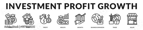 A collection of icons highlighting financial performance, investment activity, and scalable profit generation in modern business in Lineal Icon Style