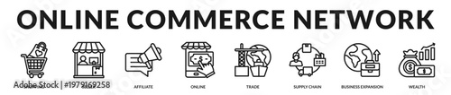 A complete representation of e commerce activity including transactions, distribution, and digital retail operations in Lineal Icon Style