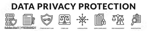 A security focused icon set covering digital privacy, data protection policies, and cyber regulatory frameworks in Lineal Icon Style