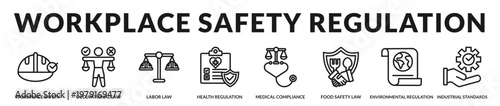A specialized icon group illustrating workplace safety rules, health standards, and industrial regulatory compliance systems in Lineal Icon Style