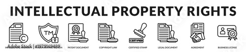 Icons describing ownership rights, intellectual property protection, and legal recognition of creative assets in Lineal Icon Style