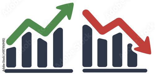 Business growth and decline charts with upward green and downward red arrows on white.