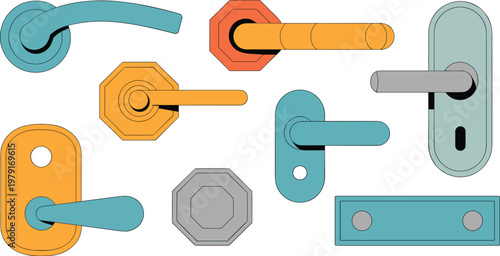 Vector illustration of eight colorful door handles with geometric backplates in varied styles