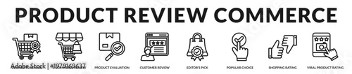 Icons representing product based reviews, ecommerce ratings, and purchase driven evaluation systems in Lineal Icon Style