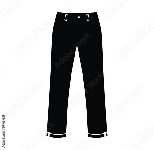 A simple black silhouette of classic trousers with a belted waist and cuffed hems