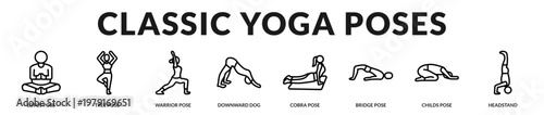 A foundational collection of essential yoga poses focused on posture, strength, and flexibility in Lineal Icon Style