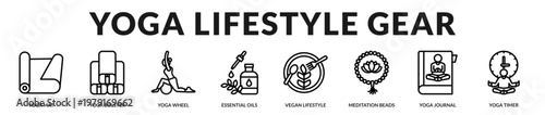 Icons representing yoga accessories and daily wellness lifestyle essentials in Lineal Icon Style