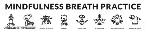 A calming icon set illustrating breathing exercises and mindfulness based meditation practices in Lineal Icon Style