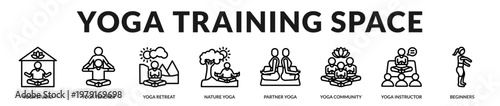 Icons showing yoga training environments, instructors, and group learning activities in Lineal Icon Style