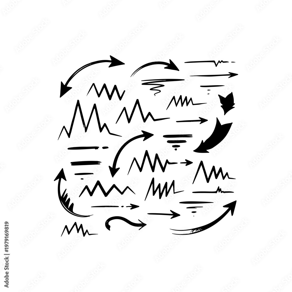 Fototapeta premium Black ink doodle collection of curved arrows zigzag lines and underline strokes Vector illustration