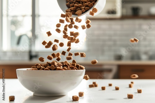 Dry pet food falling into a white bowl on a kitchen counter.