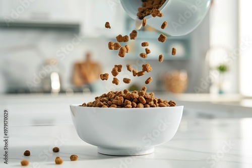 Dry pet food pouring into a white bowl in a bright kitchen setting.