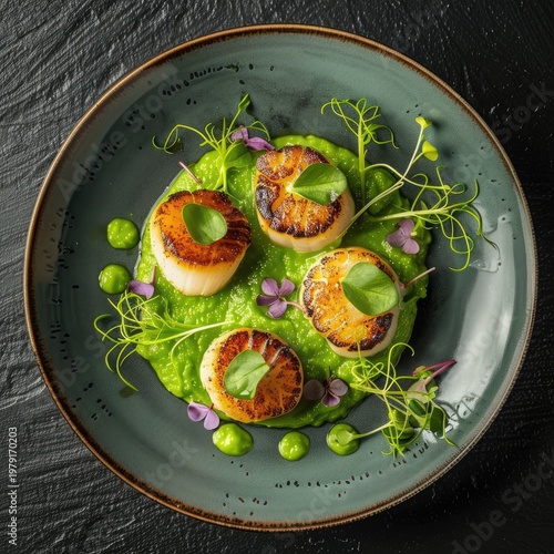 Gourmet Seared Scallops with Vibrant Pea Puree and Microgreens on a Dark Plate.