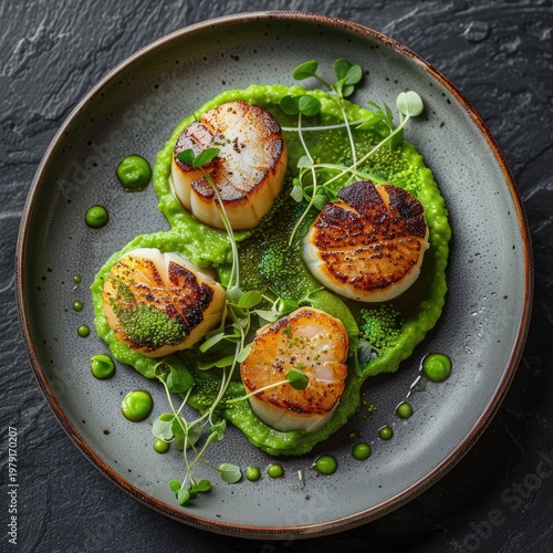 Gourmet Seared Scallops with Vibrant Green Pea Puree and Microgreens.