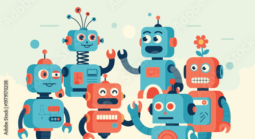 Group of colorful cartoon robots standing.