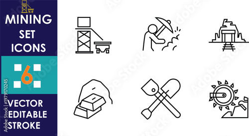 Set of mining vector icons featuring worker drilling, conveyor, excavator, tools, ore cart, helmet, machinery, and industrial elements in clean editable stroke style modern