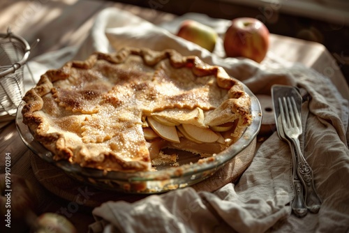 Homemade Apple Pie with a Slice Removed on a Rustic Table.