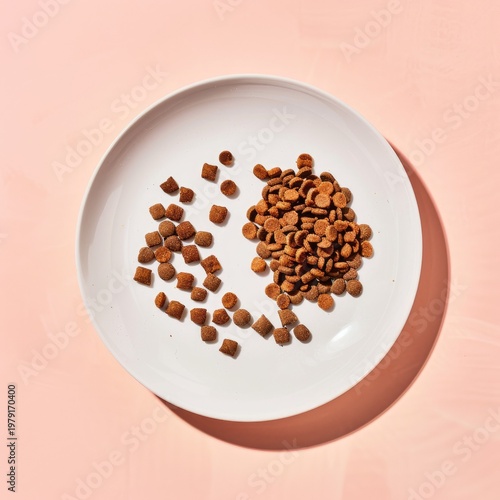 Overhead view of a white plate with two piles of dry pet food on a pink background.
