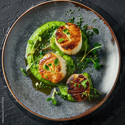 Pan-Seared Scallops with Green Pea Puree and Fresh Herbs on a Rustic Plate.