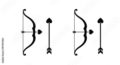 Two bows and arrows with heart shaped arrowheads a striking silhouette