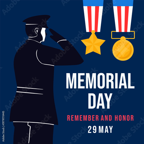 memorial day illustration in flat design style with an army saluting